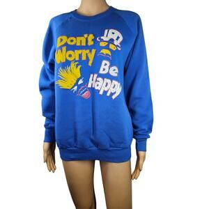 1990s Blue Single Stitch Dont Worry Be Happy Long Sleeve Sweatshirt Size Small